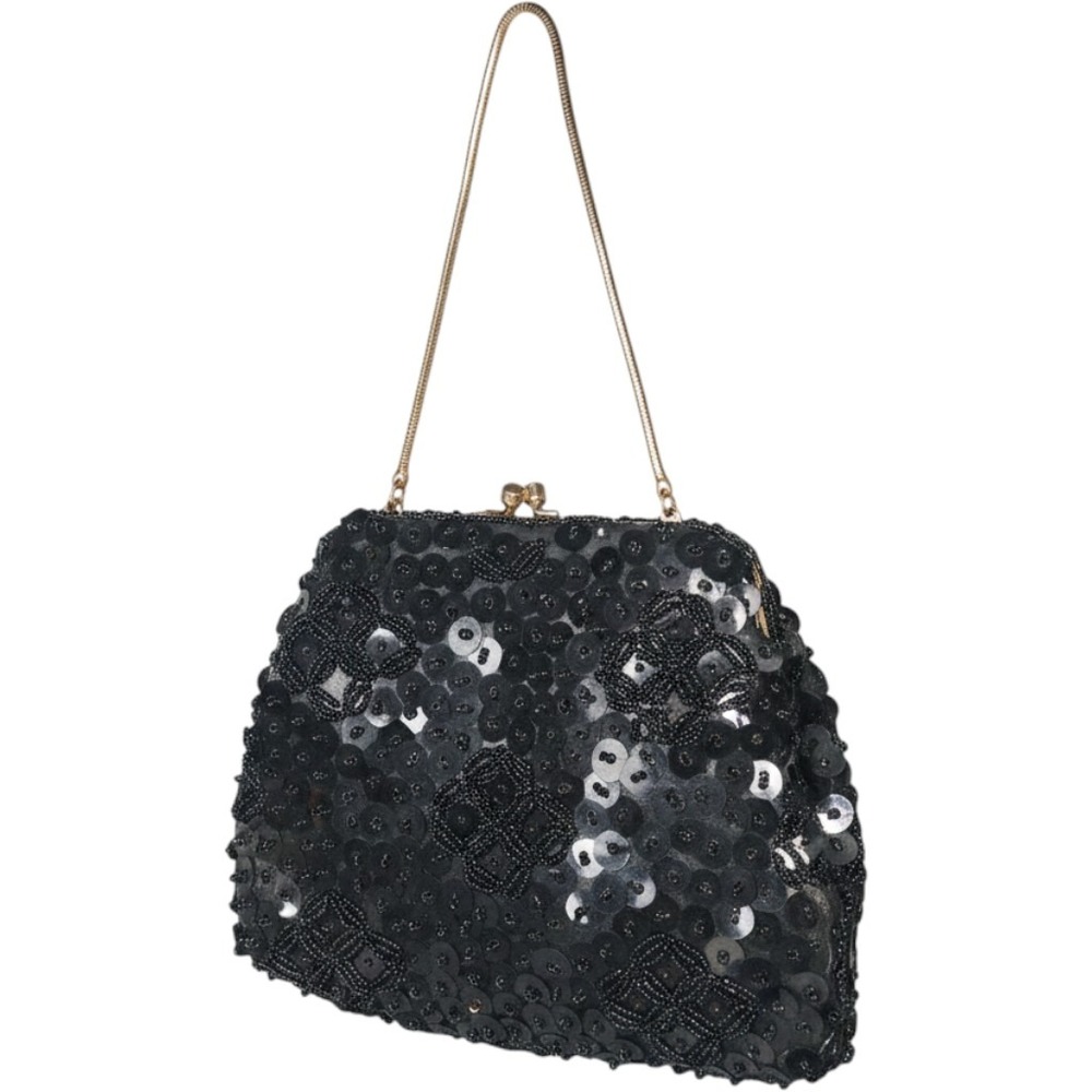 Vintage Black Beaded Sequin Evening Clutchโ Bag Gold Tone Kiss Lock Hong Kong